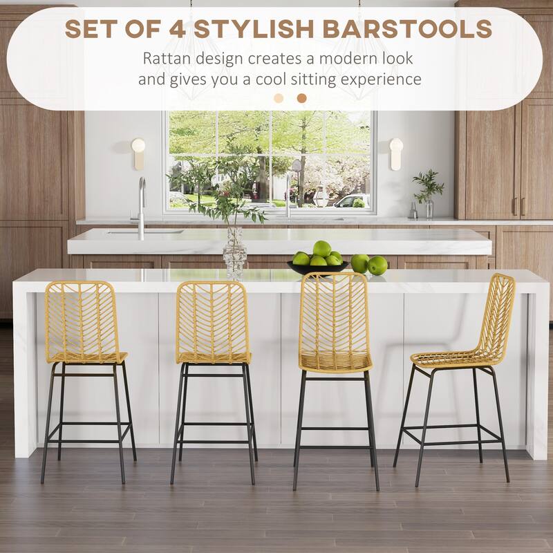Rattan Bar Stools Kitchen Island Stools Breakfast Bar Stools Set of 4 with Breathable Wicker Seat and Back