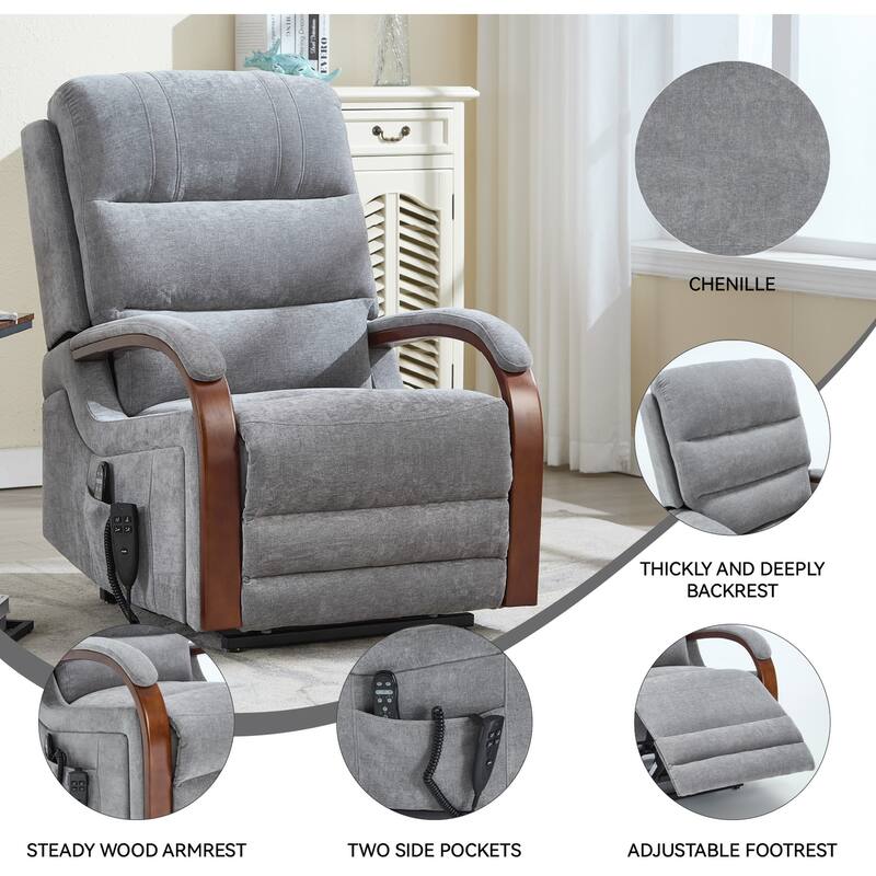Dual Motor Power Lift Recliner Chair with Massage Heat and Wood Armrests