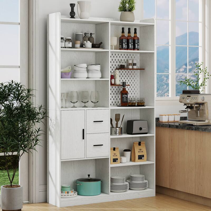 Modern Bookshelf w/ Pegboard and Drawers, 9-Cubby Bookcase Display Shelves, Storage Shelving Unit for Living Room, Home Office