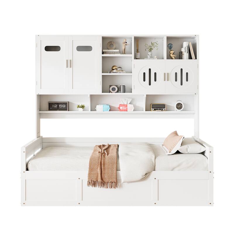 Wooden Daybed Storage Platform Bed with All-in-One Cabinet and Shelf, 10 Slats Multi-Functional Space-Optimizing Bed Frame