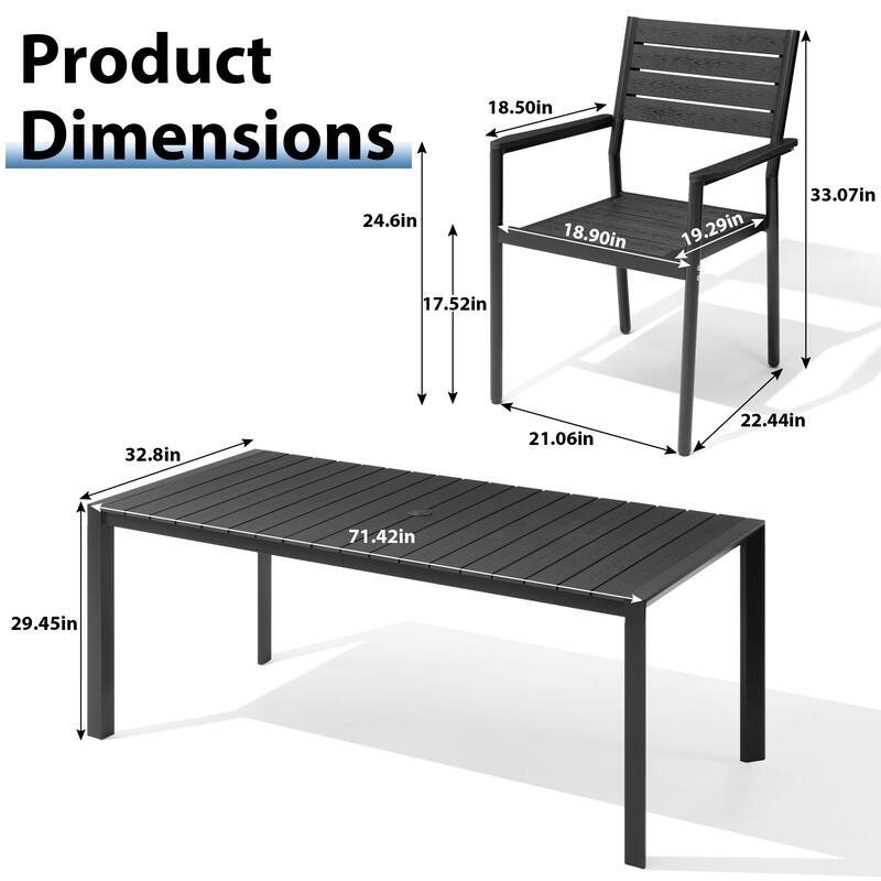 7-Piece Outdoor Patio Dining Set Wood Like Table Top Aluminum Rectangular Umbrella Hole Table with Stackable Armrest Chairs