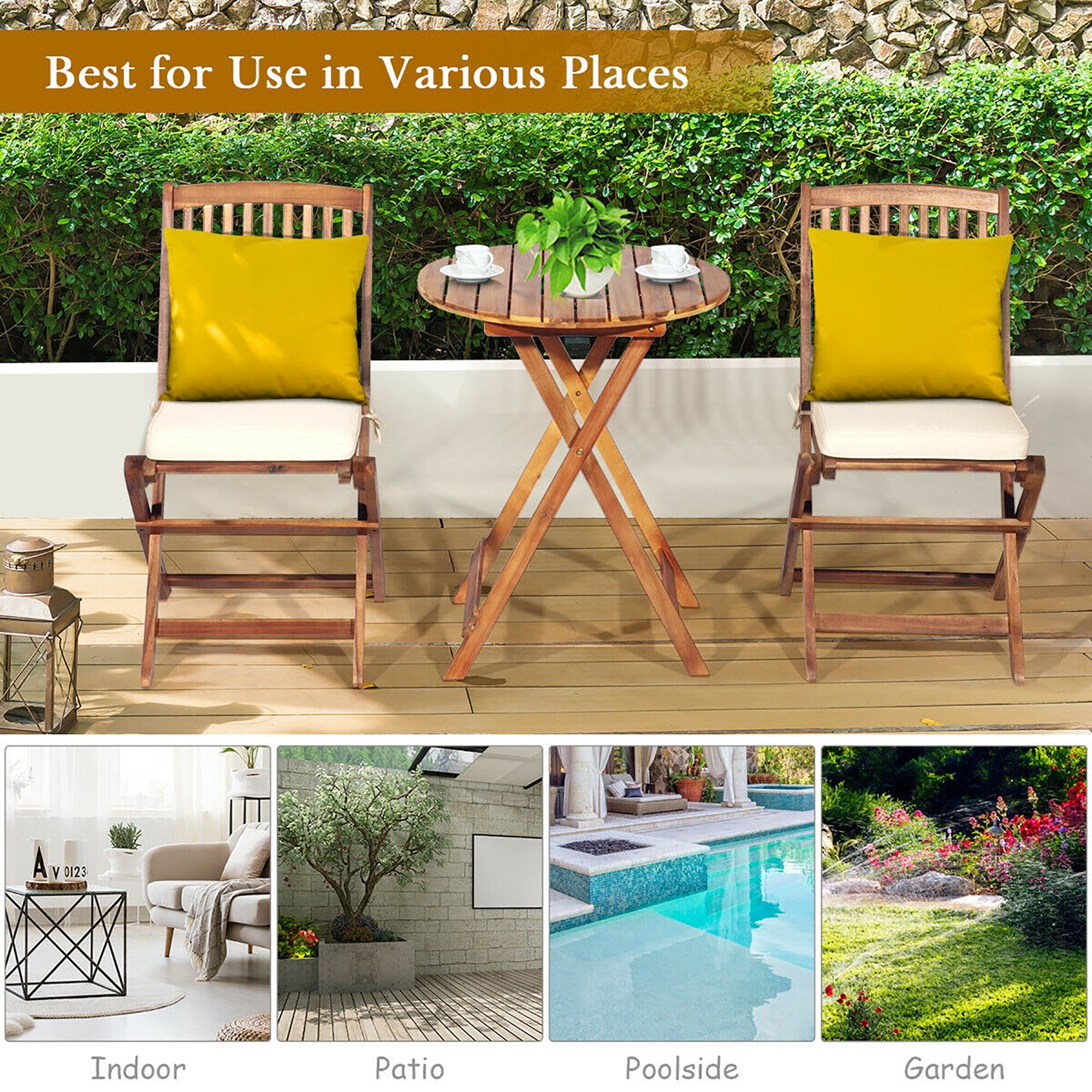 Shop Costway 3pcs Patio Folding Wooden Bistro Set Cushioned Chair See Details On Sale Overstock 31784583