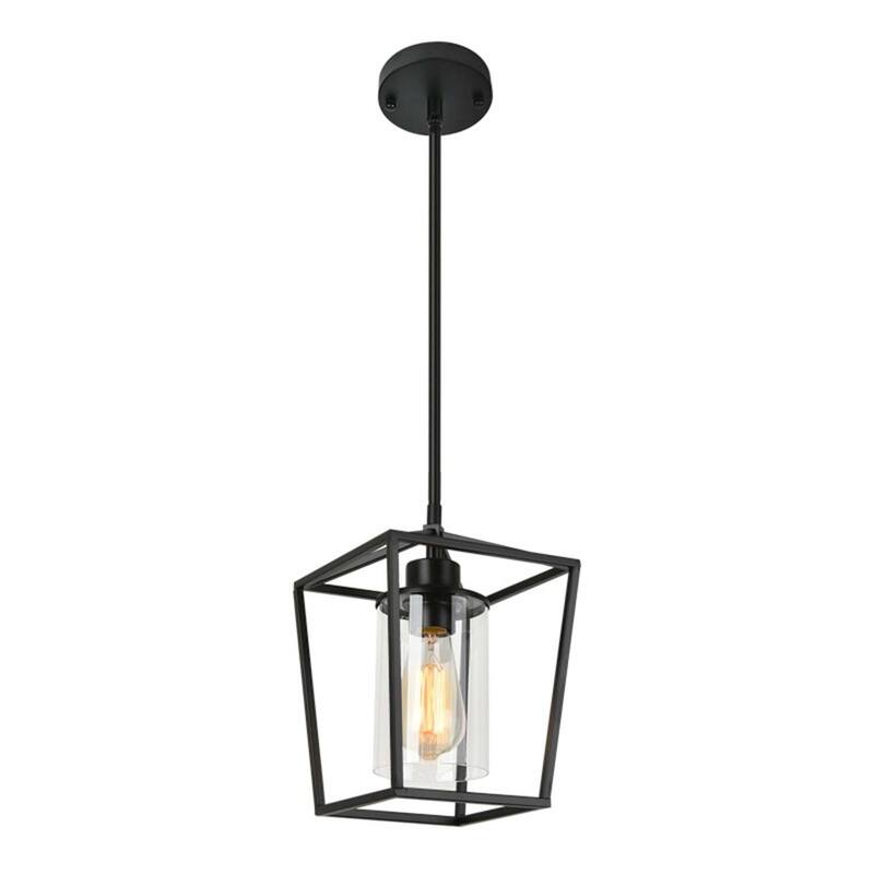 American-Style Single Pendant Light, Black Metal with Clear Glass Shade, E26 Base, Bulb Excluded - 7*7*9.8