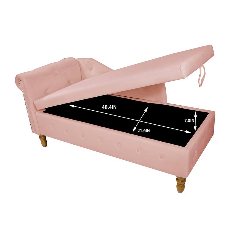 Velvet Upholstered Rolled Arm Chaise Lounge with Storage and Pillow