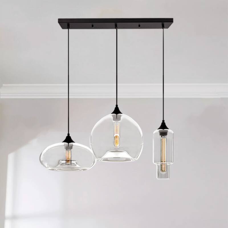 3-Light Modern Black Pendant Light Linear Cluster Clear Glass Globe Bubble Chandelier - 27.5 in. W x 78.8 in. H - Matte Black