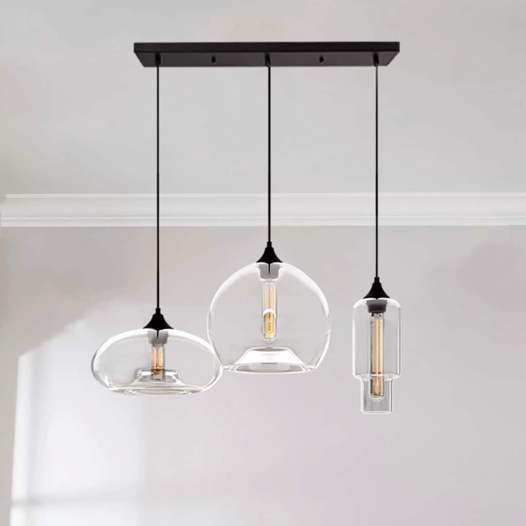 3-Light Modern Black Pendant Light Linear Cluster Clear Glass Globe Bubble Chandelier