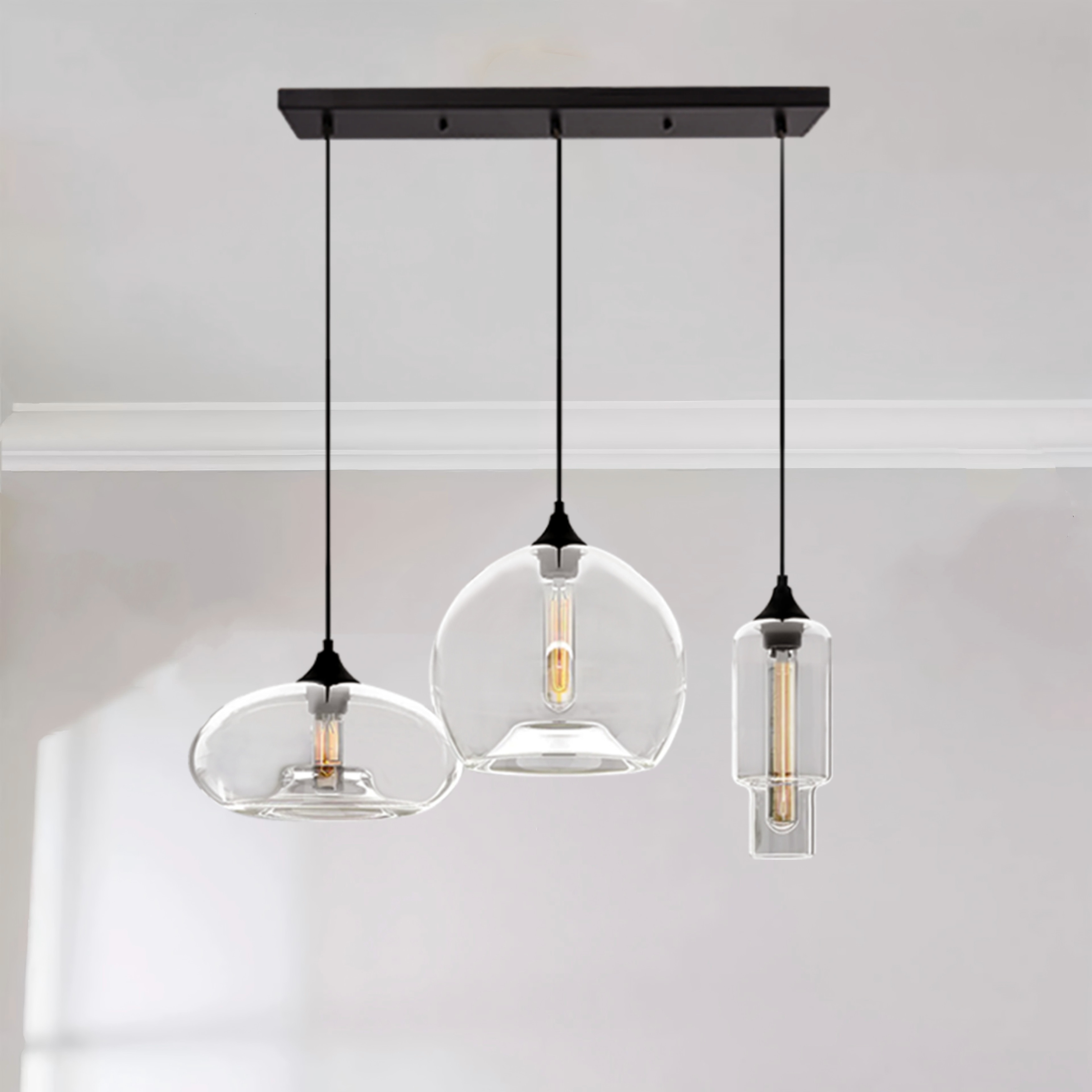 Rennnsan 3-Light Modern Black Pendant Light Linear Cluster Clear Glass Globe Bubble Chandelier