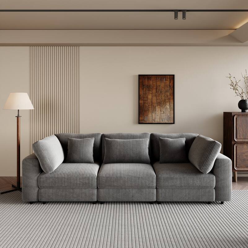 105'' Corduroy Fabric Sofa with 5 Pillows, 3 Seater Sectional Sofa for Livingroom Sofa Chaise with Removable Back Cushions - Gray