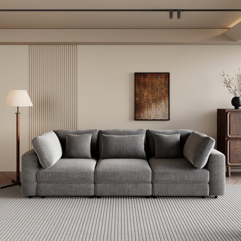 Gray 105" Corduroy 3-Seater Sofa with Removable Back Cushions and Pillows
