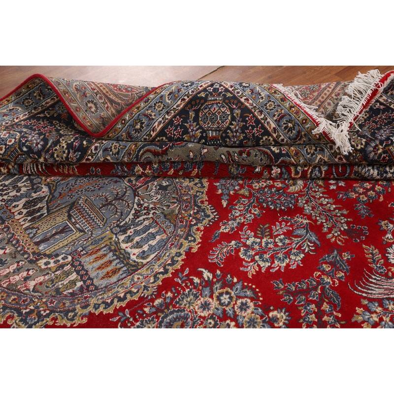 Pictorial Red Floral Kashan Turkish Rug Medallion Machine Made Carpet - 9'7" x 13'0"