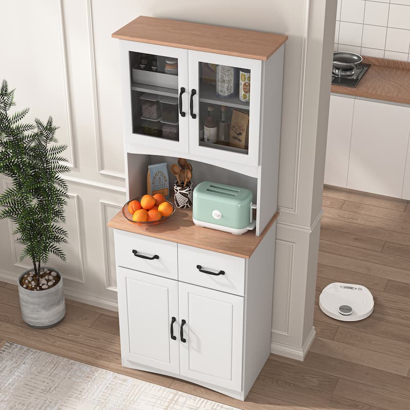 Anmytek White Wooden Kitchen Pantry Cabinet with Microwave Stand, Framed Glass Doors, Drawers & Storage Shelves