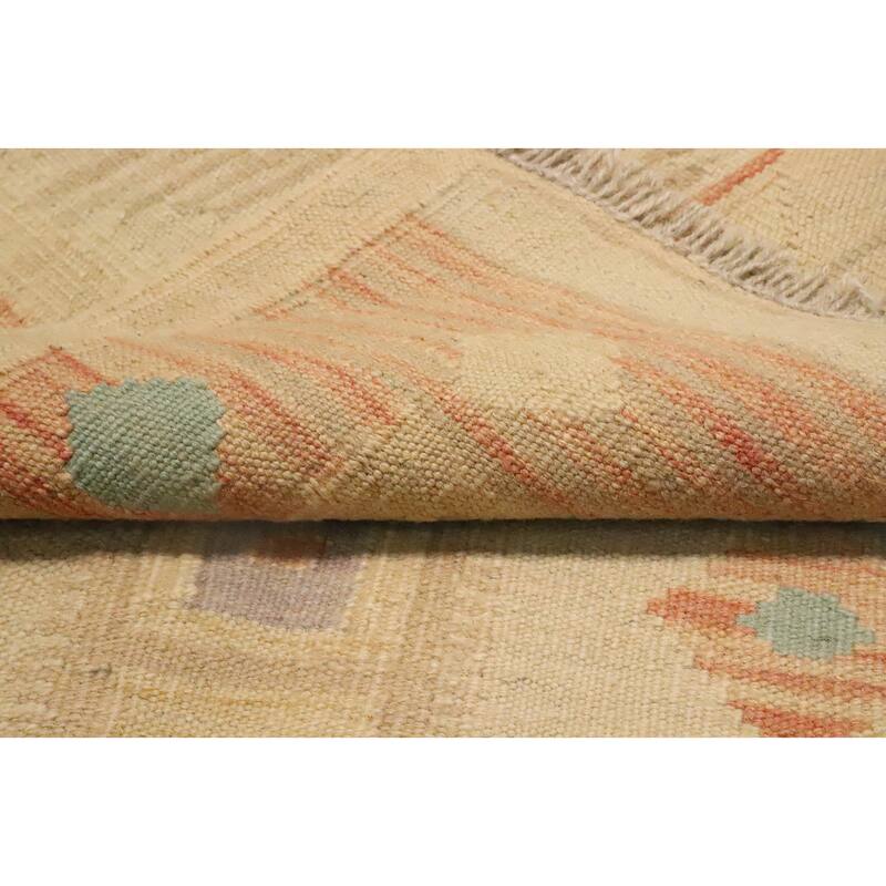 Hand Woven Oriental 100% Wool Carpet Southwestern Tribal Beige & Ivories Kilim Runner Rug - 9' 10'' X 2' 10''