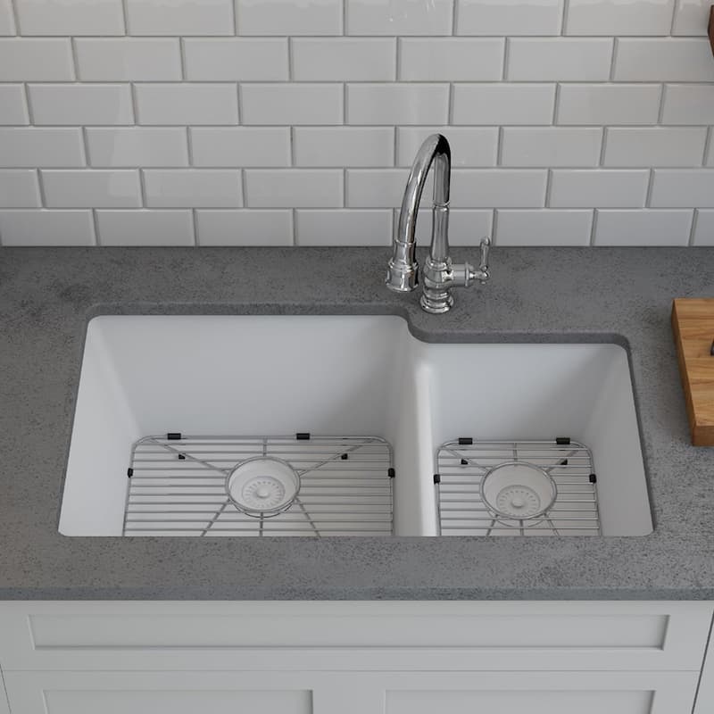 32"x19" Quartz Granite Kitchen Sink, 60/40 Double Bowl Drop-in/Undermount - 19x32
