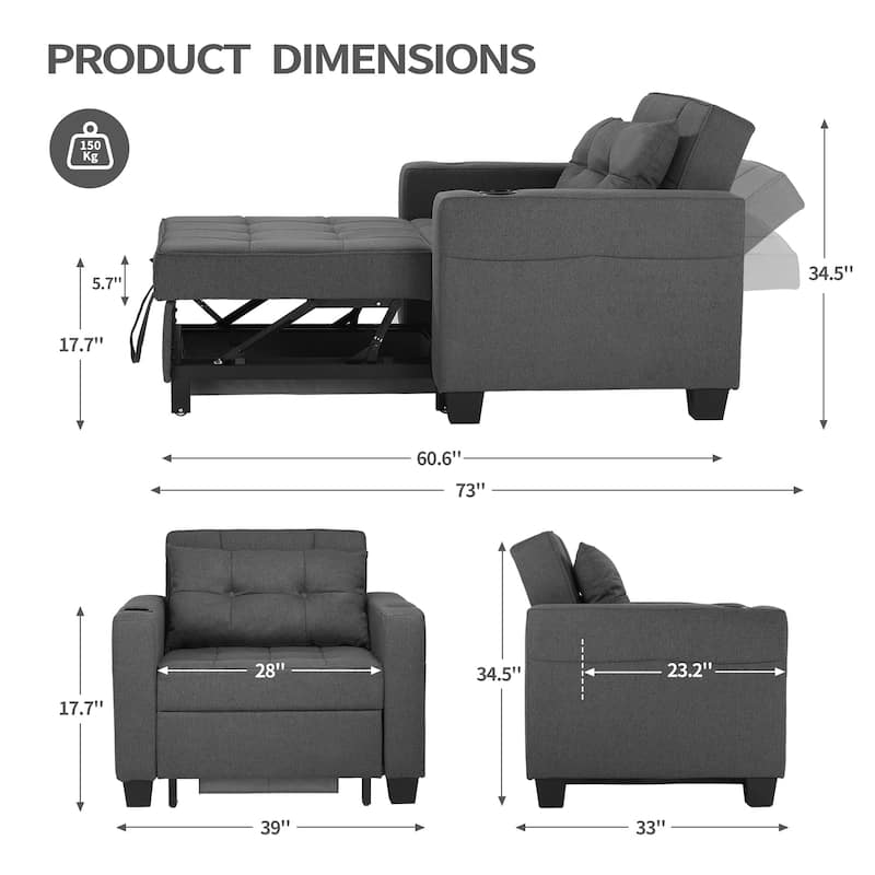 DURASPACE Futon Chair Bed Convertible Chair 3in1 Pull Out Sleeper