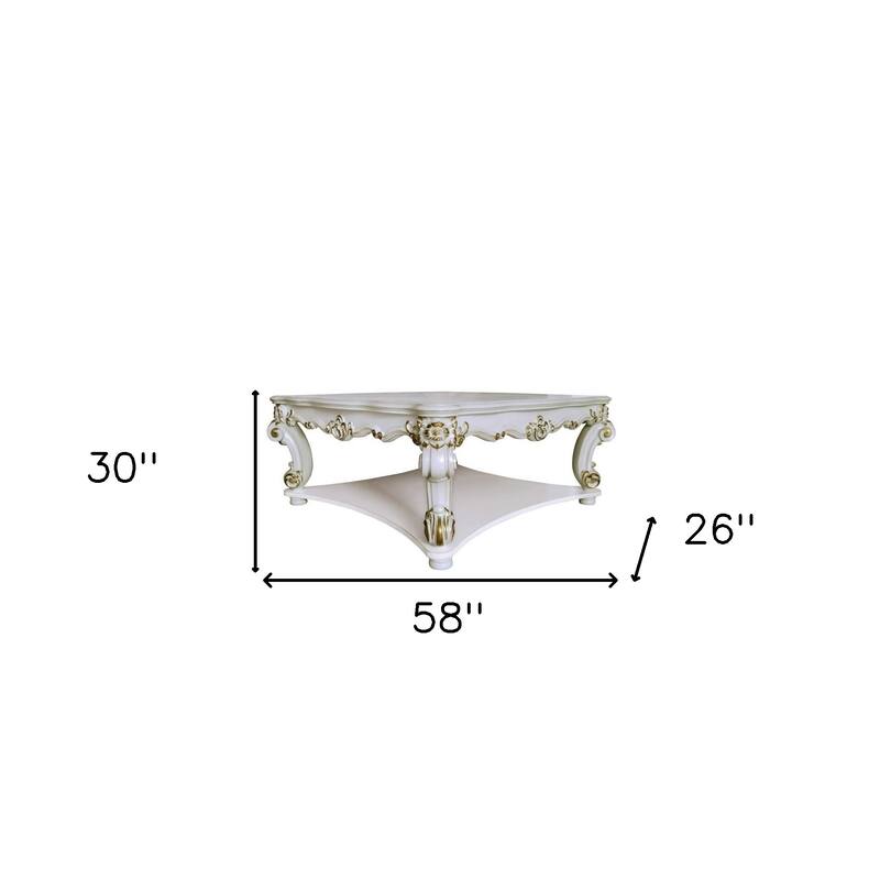 HomeRoots 58" Ivory and Gold Wood Square Coffee Table With Shelf - 58.00 in. x 30.00 in. x 26.00 in.