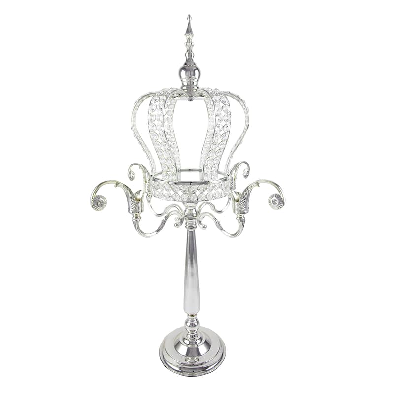 Large Crystal Bead Crown Decor Centerpiece Accent Piece Tabletop with Victorian Stand - 35.25" H x 21" D - Silver