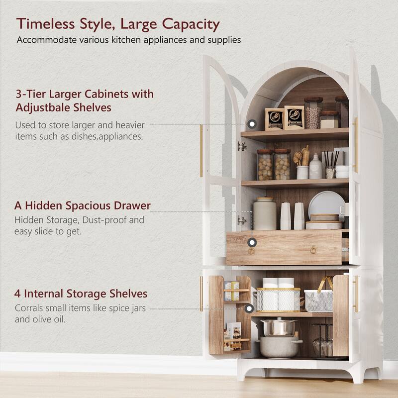 71" Tall Arched Kitchen Pantry Cabinet with Door Shelves
