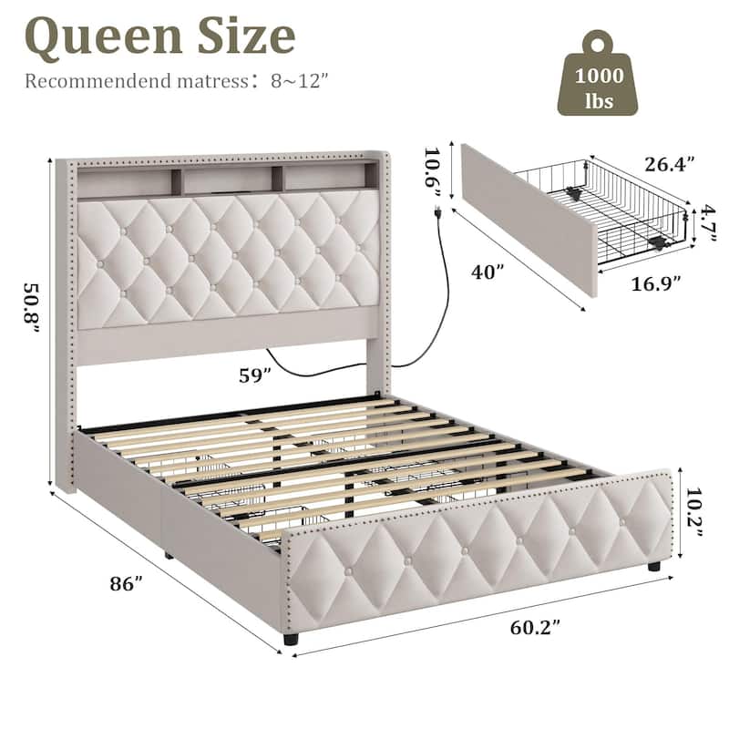 Velvet Upholstered Bed Frame with 50.8" Tall Headboard, USB Charging Station, Led Lights