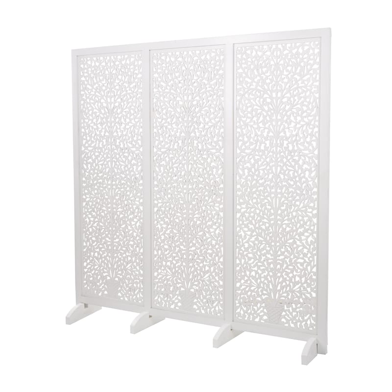 Wooden Floral Partition or Freestanding Carved Partition Room Divider Screen with 4 Feet - Black or White- Roche River Décor