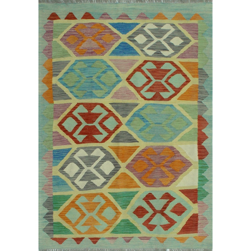 Sangat Flatweave Mariann Blue/Burgundy Rug - 4'1" x 5'10"
