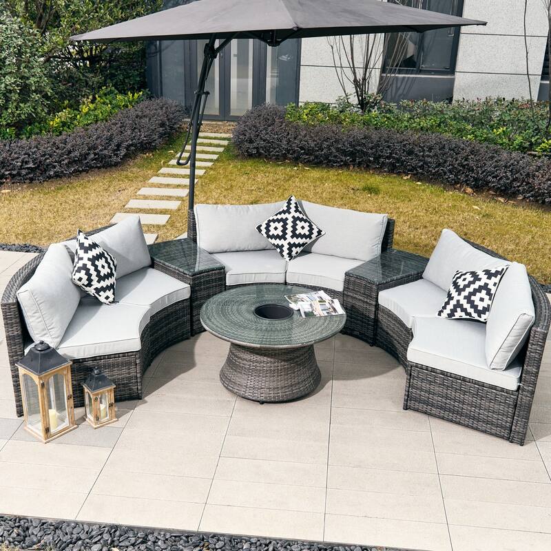 9-Piece Modular Patio Iron PE Rattan Sofa Set with Round Coffee Table - Grey