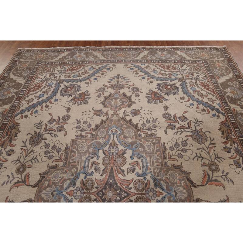 Beige Tabriz Vintage Persian Area Rug Handmade Wool Carpet - 9'6" x 12'7"