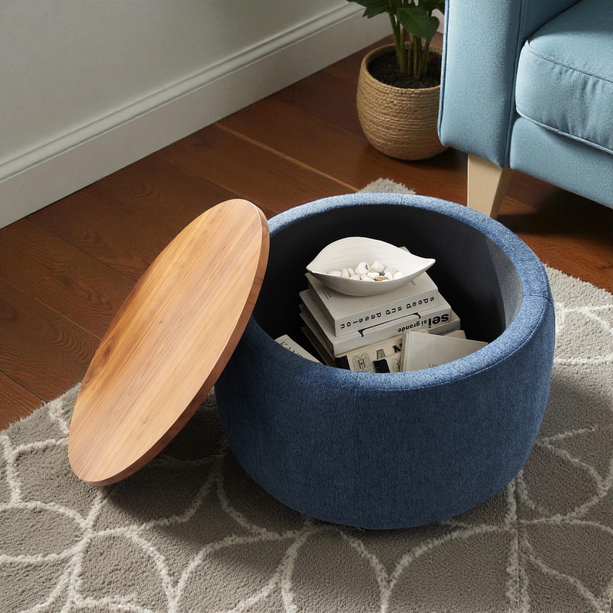 Round Storage Ottoman with Removable Lid and Oak Veneer Top, Footstool and End Table Combo, 25.5'' - MDF