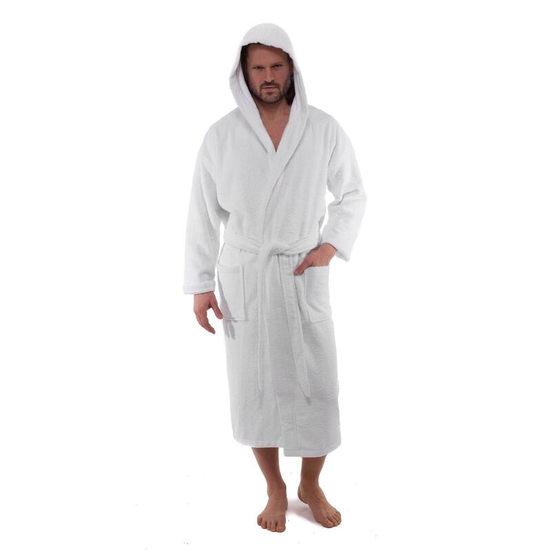 Classic Turkish Cotton Kimono Terry Cloth Bathrobe - White Hooded Robes with 2 pockets - Medium / Large