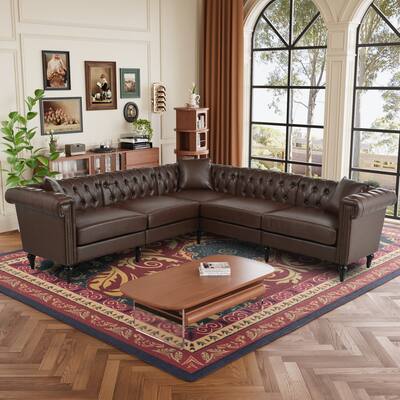 GDFStudio - Belmont 99" L-Shaped Reversible Chesterfield PU Leather Sectional Sofa with Nailhead Trim & Tufted Back