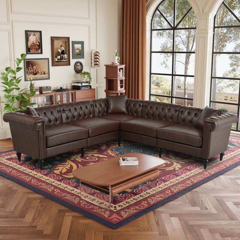 Sectional Sofa Couch for Living Room, L Shaped Reversible Modern Chesterfield Sofa with Rolled Arms and Nailhead - Dark Brown