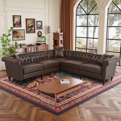 Sectional Sofa Couch for Living Room, L Shaped Reversible Modern Chesterfield Sofa with Rolled Arms and Nailhead