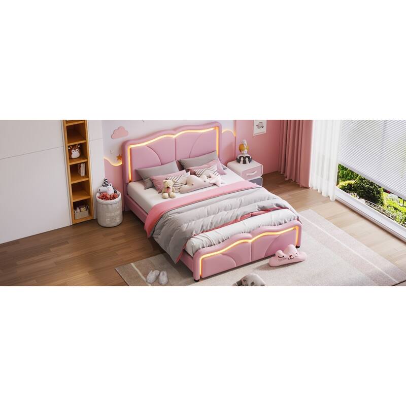 Roomfitters Twin/Full Size Upholstered Platform Bed with LED Light Headboard and Footboard, Wave Shaped Padded Frame, Pink