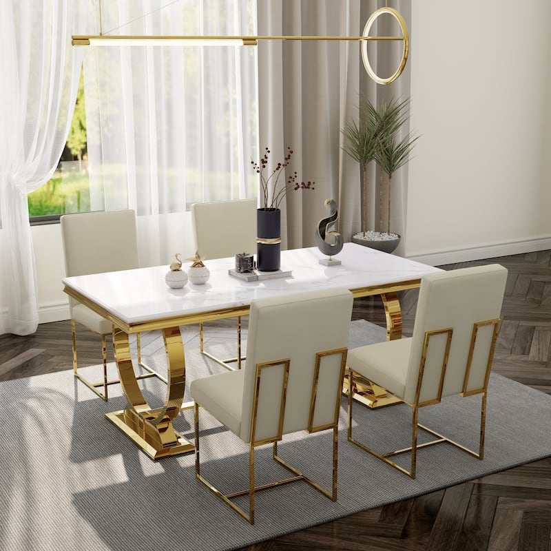 White and Gold Dining Room Table Set with 72 inch Table and White PU Leather Dining Chairs