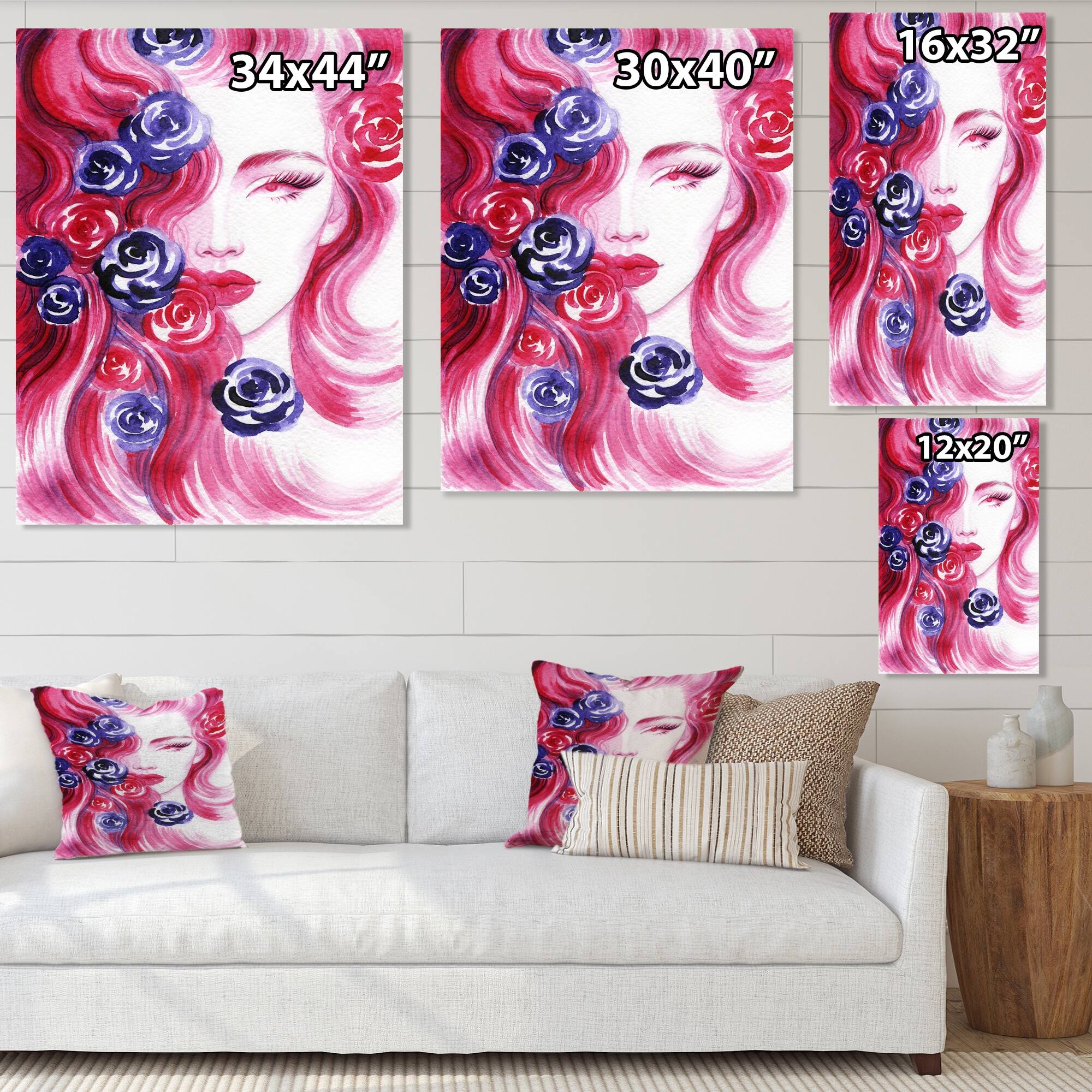 Designart "Pink Floral Glam Woman Portrait" Glam Canvas Wall Art Bed