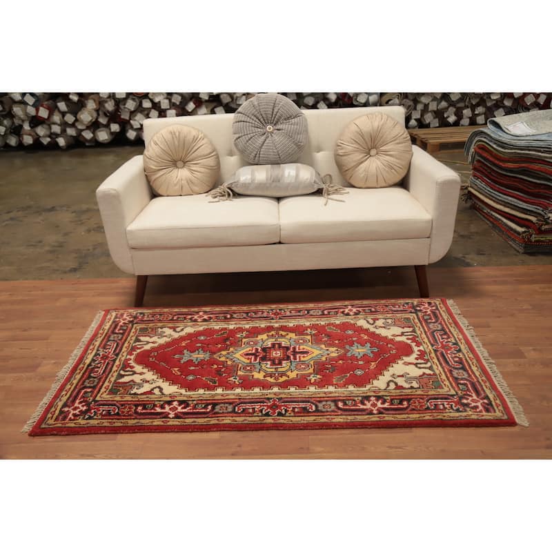 Hand Knotted Oriental 100% Wool Carpet Traditional Medallion Red Heriz (serapi) Area Rug - 5' 6'' X 2' 11''