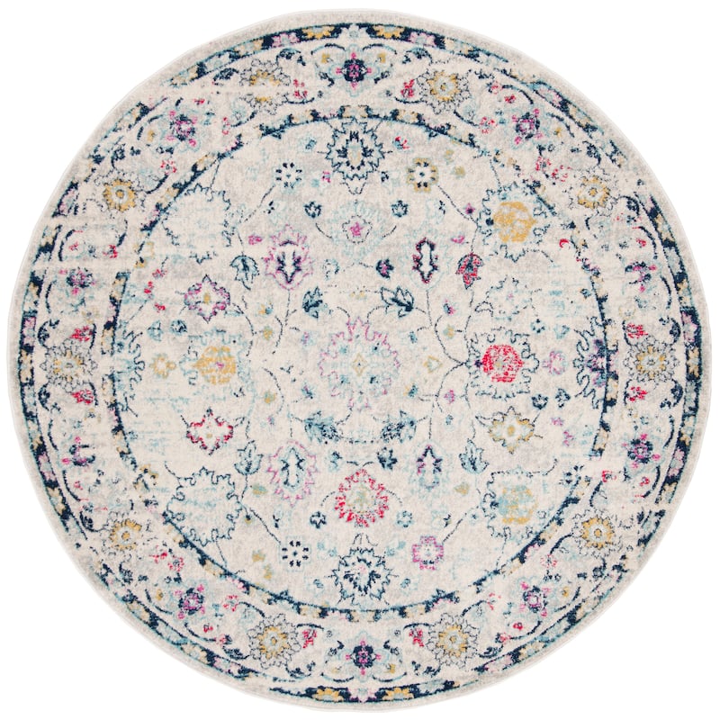 SAFAVIEH Madison Inell Vintage Boho Oriental Rug - 6'7" Round - Light Grey/Fuchsia