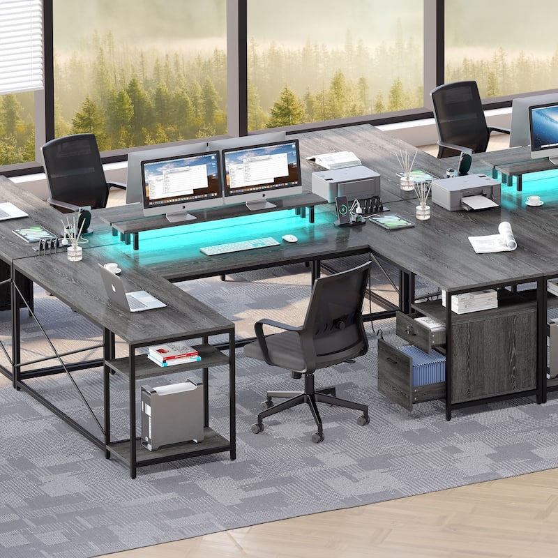 Moasis U-Shaped L-Shaped LED Computer Desk Reversible Corner Home Office Gaming Desk with Power Outlets