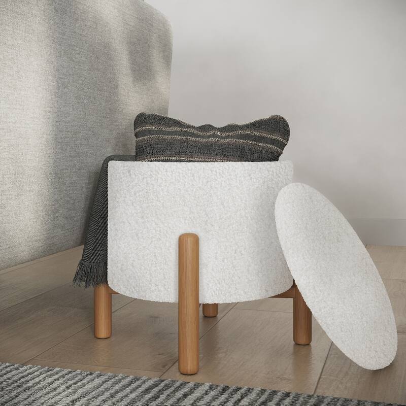 Storage Ottoman - Round Sherpa Footrest or Storage Organizer with Removable Top by Lavish Home (White)