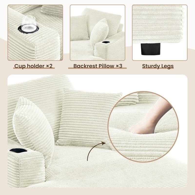 Chaise-Style Corduroy Sofa with Cup Holders and 3 Back Cushions - Reclining Lounge Design