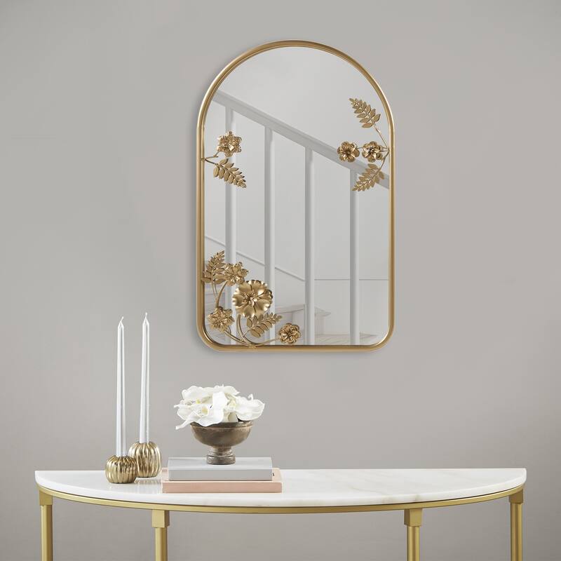 Arched Wall Mirror with Floral Metal Frame 25.75 Inch Height - Gold