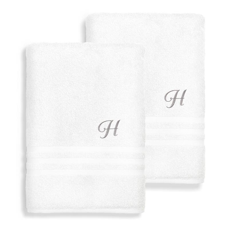 Authentic Hotel and Spa Omni Turkish Cotton Terry Set of 2 White Bath Towels with Grey Script Monogrammed Initial - White/H