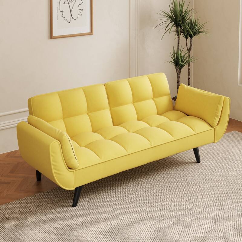 74" Velvet Upholstered Double Sofa Bed, Beige - Yellow