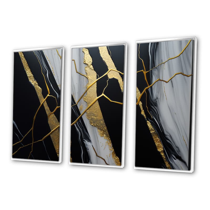 Designart "Abstract Geode Black II" Abstract Marble Framed Canvas Art Print - 3 Panels