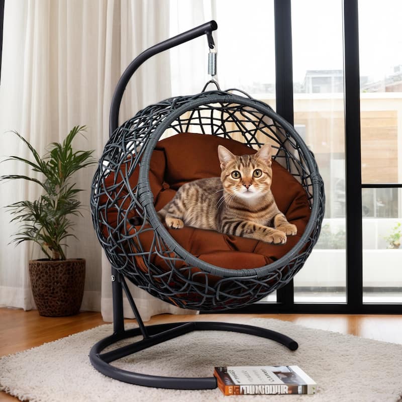 Modern Pet Hammock, Rattan Swing Bed with Stand & Removable Cushion, Gift for Cat/Dog Lovers, Space-Saving Indoor-Outdoor - Brown