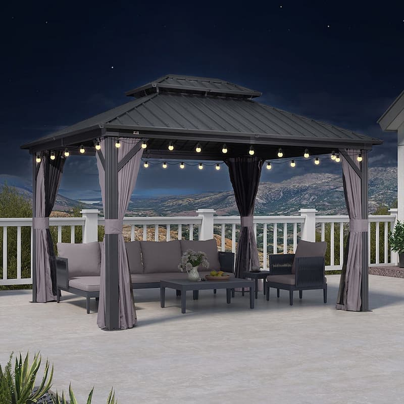 PURPLE LEAF Gazebo Outdoor Gazebo with Dual-Layer Galvanized Steel Double Roof Aluminum Gazebo with Netting and Curtains Grey - 10' x 12' - With light