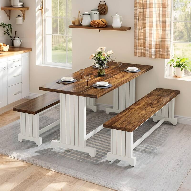 47" Farmhouse 3-Piece Dining Table with 2 Benches