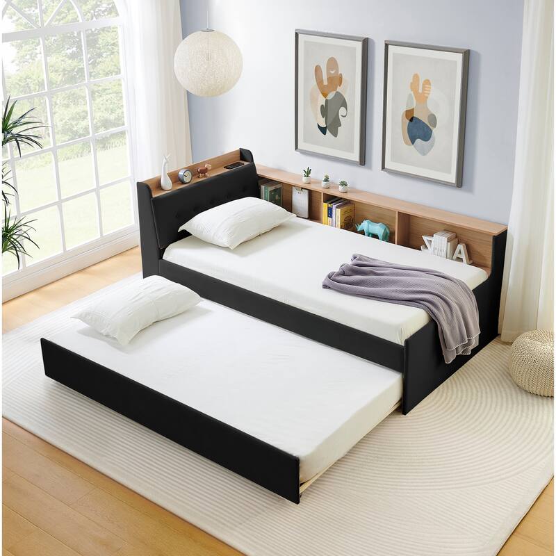 Twin Size Adjustable Velvet Day Bed with Storage, Trundle, LED Lights, and Wireless Charging