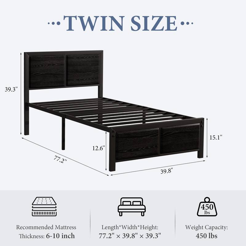 VECELO Platform Bed Frame with Wooden Headboard Heavy Duty Steel Slats Support No Box Spring Needed