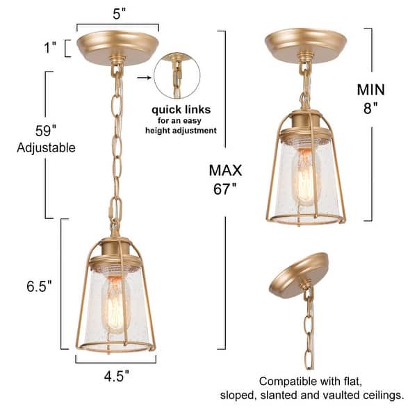 dimension image slide 1 of 2, Mini Modern Coastal Brass/ Bronze Lantern Pendant LED Dimmable Kitchen Island Lighting with Glass - 5 inches
