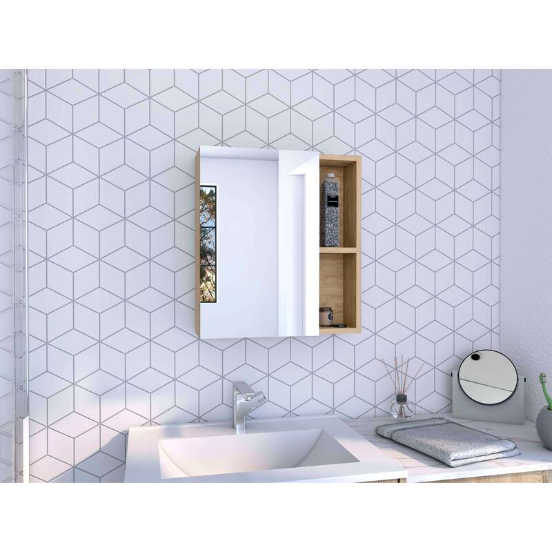 Medicine Cabinet with Mirror, 5 Internal Shelves, Single Door, 17.7-Inch Length x 19.5-Inch Height, Compact Storage - 17.7X5.4 in - Beige + Particle Board